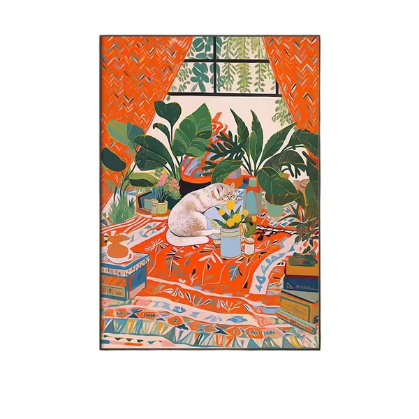 Bohemian Sleeping Cat Illustration Wall Art with Frame - Staunton and Henry