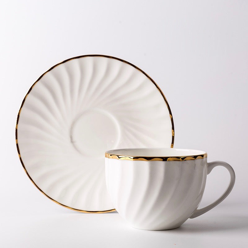 Simply Elegant White and Gold Fluted Teacups - set of four
