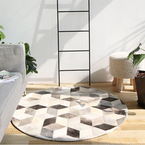 Grey and White Patchwork Round Cowhide Rug - Staunton and Henry