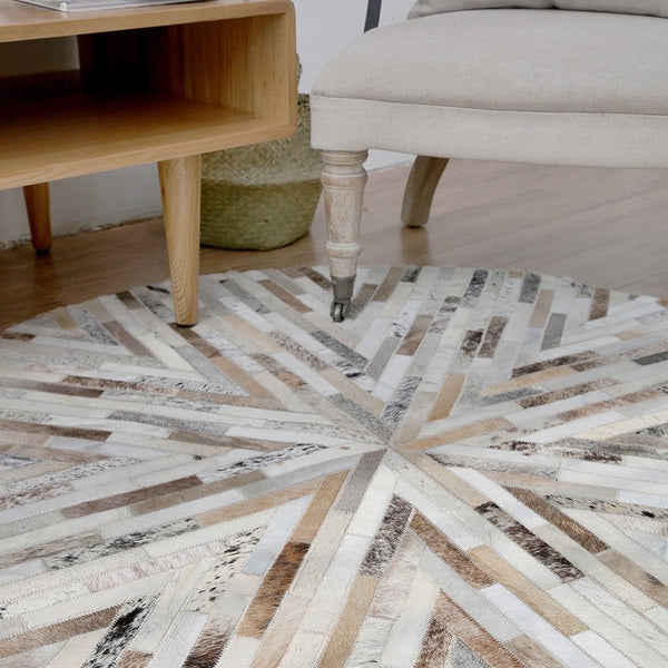 Beige and Cream Round Patchwork Hide Rug - Staunton and Henry