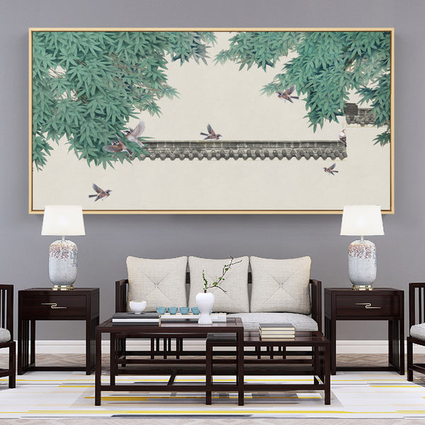 Pagoda Birds Oriental Wall Art With Frame - Staunton and Henry