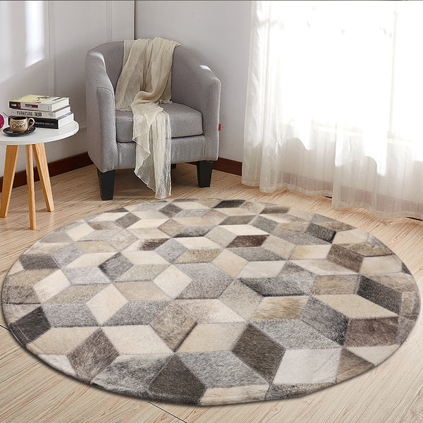 Grey and White Patchwork Round Cowhide Rug - Staunton and Henry