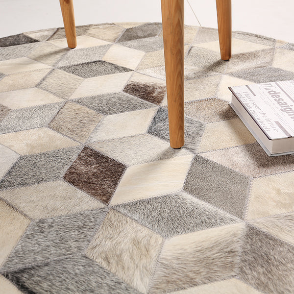 Grey and White Patchwork Round Cowhide Rug - Staunton and Henry