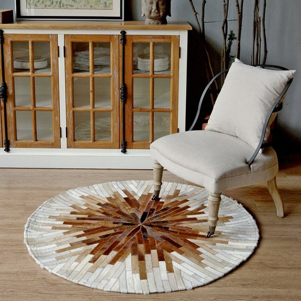 Beige and Cream Round Patchwork Hide Rug - Staunton and Henry