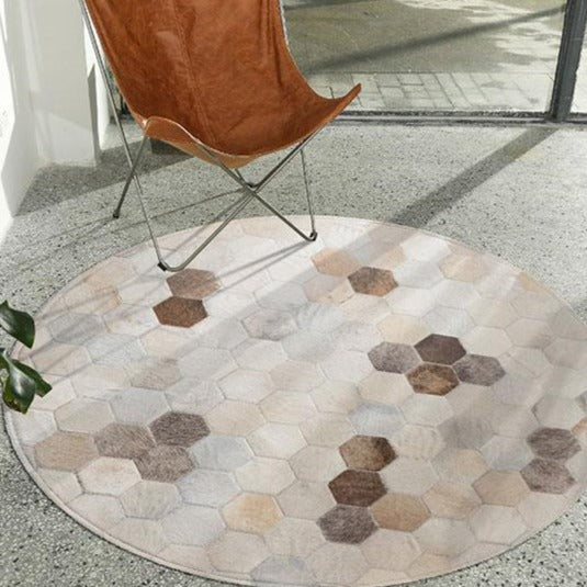 Cream Honeycomb Round Patchwork Hide Rug - Staunton and Henry