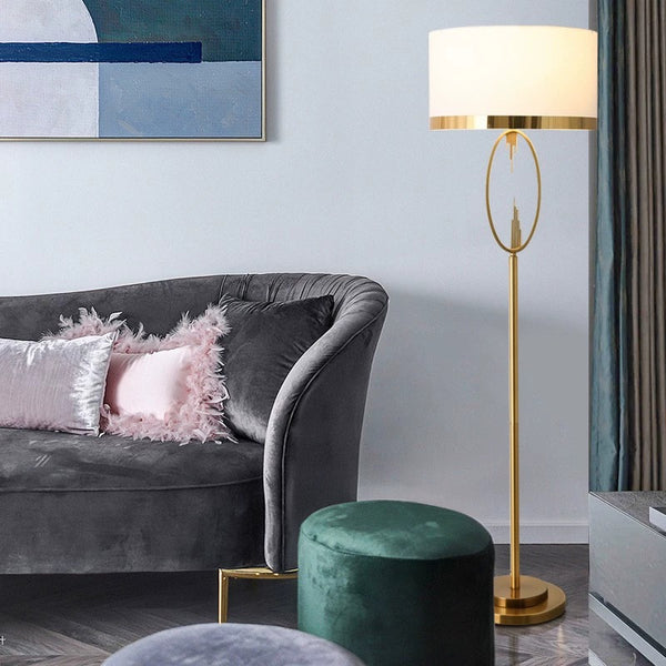 Modern Ornate Brass Floor Lamp with White Shade
