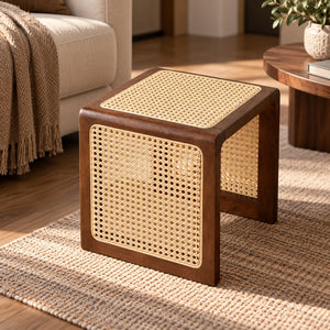 Square Wood and Rattan Side Table - Staunton and Henry