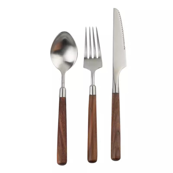 Brushed Stainless Steel Steak Knife Cutlery Set with Wooden Handles - Staunton and Henry