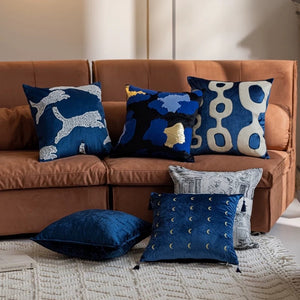 Indigo Blue Velvet Embroidered Cushion Cover