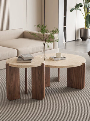 Nuevo Travertine and Wood Wabi-Sabi Coffee Table - Staunton and Henry
