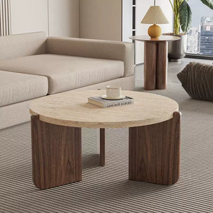 Nuevo Travertine and Wood Wabi-Sabi Coffee Table - Staunton and Henry