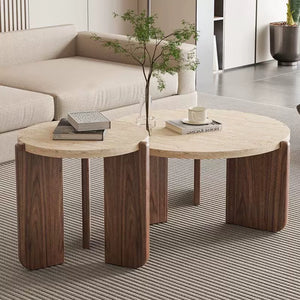 Nuevo Travertine and Wood Wabi-Sabi Coffee Table - Staunton and Henry