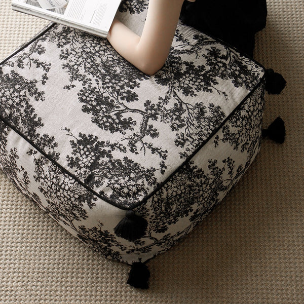 Kuro Black and Gray Embroidered Pouf - Staunton and Henry