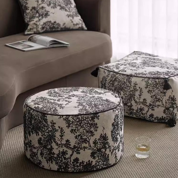 Kuro Black and Gray Embroidered Pouf - Staunton and Henry