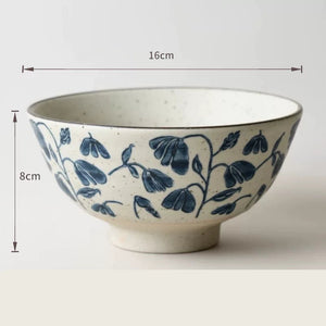 Handmade Ceramic Rice Bowl Hand-Painted Underglaze Retro Floral Design