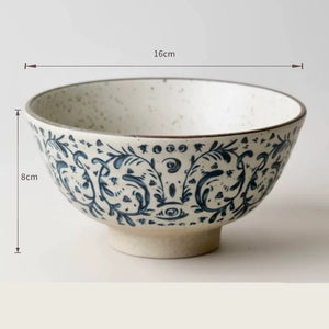 Handmade Ceramic Rice Bowl Hand-Painted Underglaze Retro Floral Design