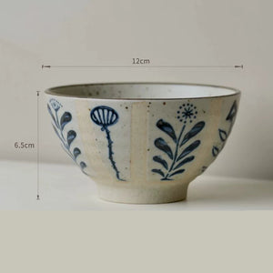 Handmade Ceramic Rice Bowl Hand-Painted Underglaze Retro Floral Design - Staunton and Henry