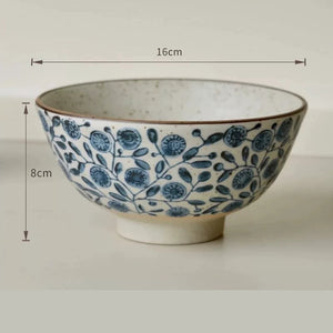 Handmade Ceramic Rice Bowl Hand-Painted Underglaze Retro Floral Design