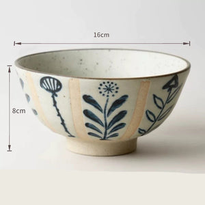 Handmade Ceramic Rice Bowl Hand-Painted Underglaze Retro Floral Design