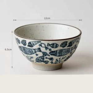 Handmade Ceramic Rice Bowl Hand-Painted Underglaze Retro Floral Design - Staunton and Henry