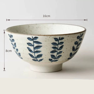 Handmade Ceramic Rice Bowl Hand-Painted Underglaze Retro Floral Design