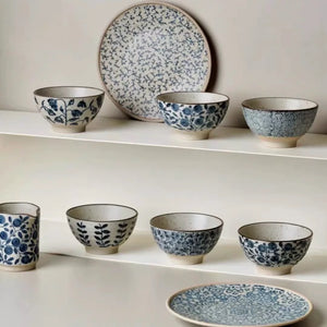 Kyoto Hand-Painted Blue and White Ceramic Bowl - Set of 4