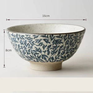 Handmade Ceramic Rice Bowl Hand-Painted Underglaze Retro Floral Design