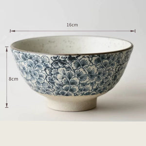 Handmade Ceramic Rice Bowl Hand-Painted Underglaze Retro Floral Design