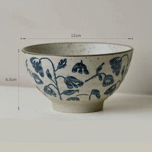 Handmade Ceramic Rice Bowl Hand-Painted Underglaze Retro Floral Design - Staunton and Henry