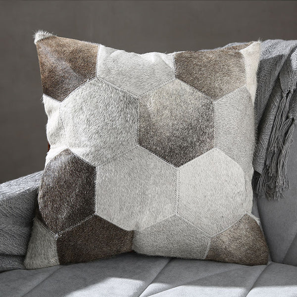Geometric Grey Patchwork Hide Throw Cushion - Staunton and Henry