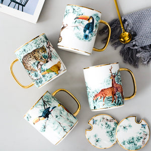The Tropics Retro Fauna Coffee Mugs - With Gold Spoon - Staunton and Henry