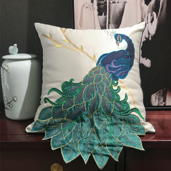 Satin Embroidered Peacock Throw Cushion - Staunton and Henry