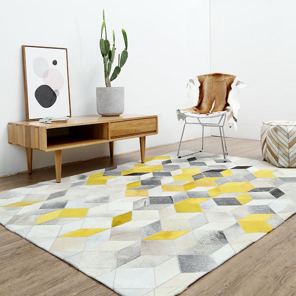 Modern Yellow and Grey Patchwork Cowhide Rug - Staunton and Henry