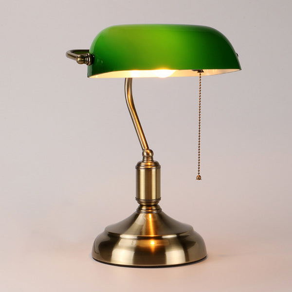 M-1096 Satin Brass Traditional Banker Lamp Antique Style Emerald