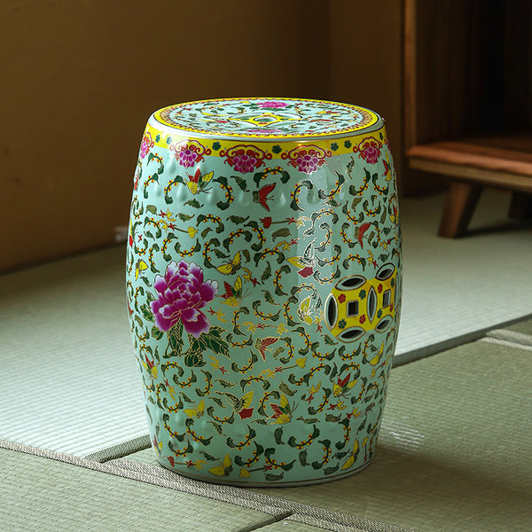 Green and Pink Flower Chinese Drum Stool - Staunton and Henry