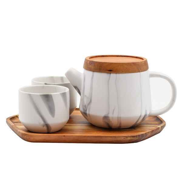 6 Piece Marble Ceramic Tea Set-Grey, Size: One Size