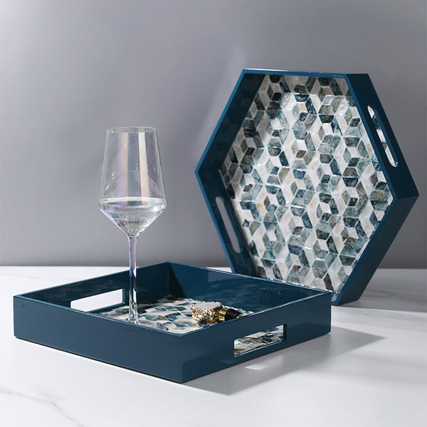 Lacquered Blue Mother of Pearl Inlay Square Tray - Staunton and Henry