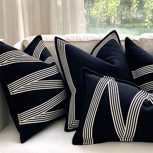 Heavy Linen Black Base and White Stripes Cushions - Staunton and Henry